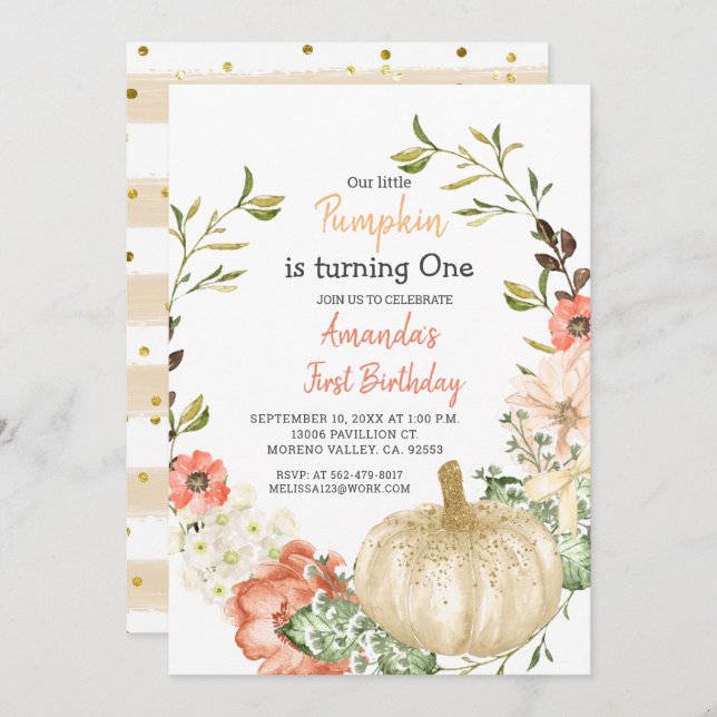 Fall Gold Glitter Pumpkin 1st Birthday Invitation (Front/Back)