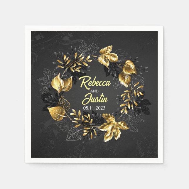 Fall Gold Leaves Black Modern Boho Napkin (Front)