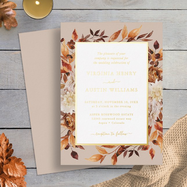 Fall Gold Modern Wedding (Fall Copper Leaves Taupe Floral Gold Modern Wedding Foil Invitation by Painted Paperie
)