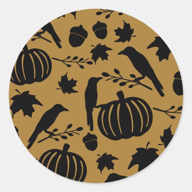 Fall Gold Orange Yellow Black Crow Autumn Pumpkin Classic Round Sticker (Front)