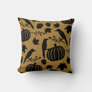Fall Gold Orange Yellow Black Crow Autumn Pumpkin Cushion