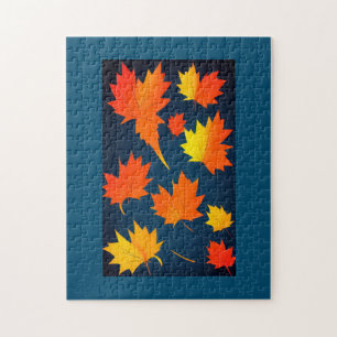 Fall golden orange leaves navy blue background jigsaw puzzle
