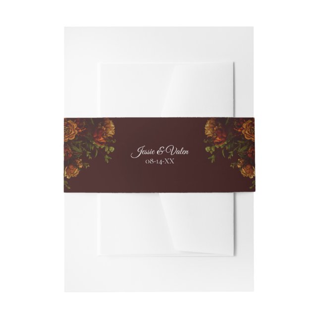 Fall Gothic Wedding Rustic Orange Maroon Invitation Belly Band (Front Example)