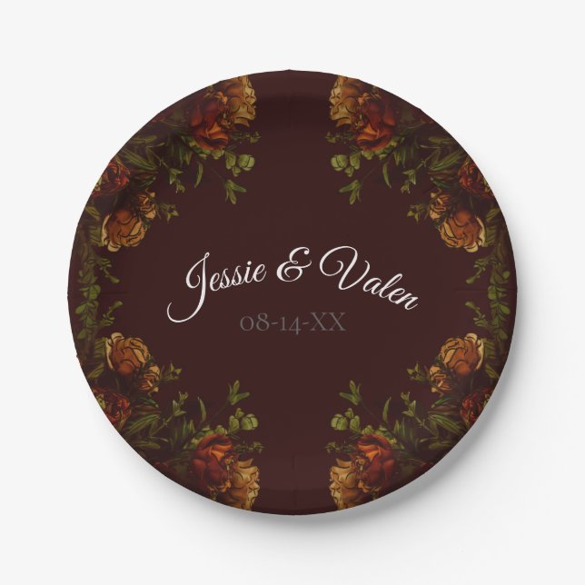 Fall Gothic Wedding Rustic Orange Maroon Paper Plate (Front)