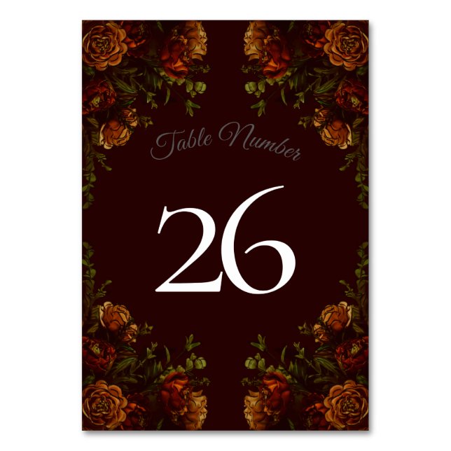 Fall Gothic Wedding Rustic Orange Maroon Table Number (Back)