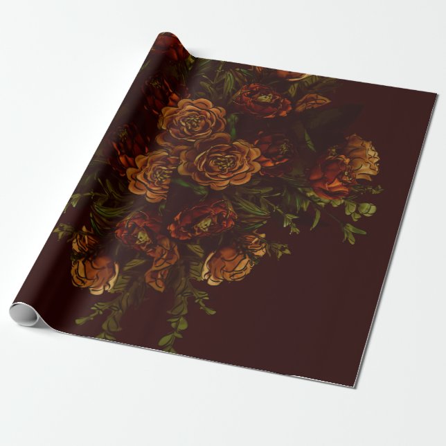 Fall Gothic Wedding Rustic Orange Maroon Wrapping Paper (Unrolled)