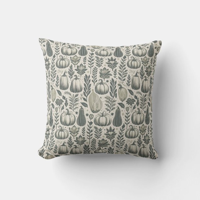 Fall Gourds Block Print in Green Cushion (Front)