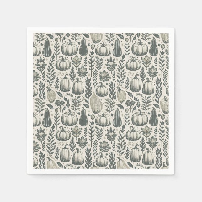 Fall Gourds Block Print in Green Napkin (Front)