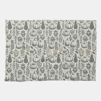 Fall Gourds Block Print in Green Tea Towel