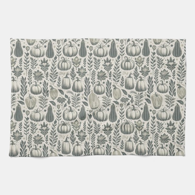 Fall Gourds Block Print in Green Tea Towel (Horizontal)