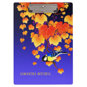 Fall Grape Vine Great Tit Bird Orange Leaves Blue Clipboard