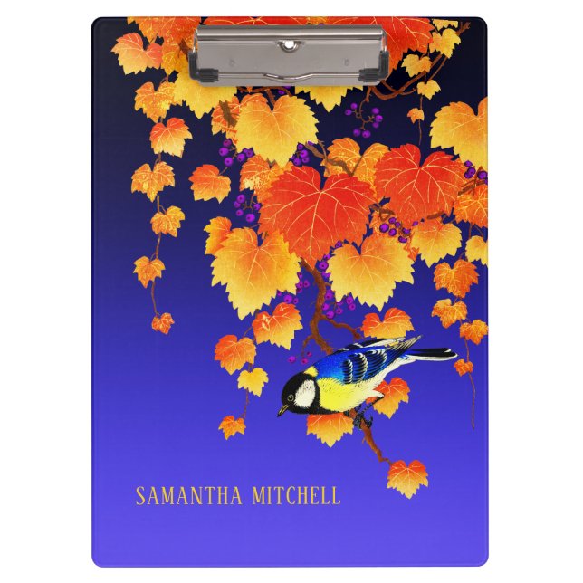 Fall Grape Vine Great Tit Bird Orange Leaves Blue Clipboard (Front)