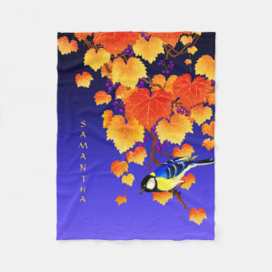 Fall Grape Vine Great Tit Bird Orange Leaves Blue Fleece Blanket