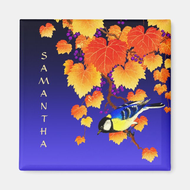 Fall Grape Vine Great Tit Bird Orange Leaves Blue Magnet (Front)