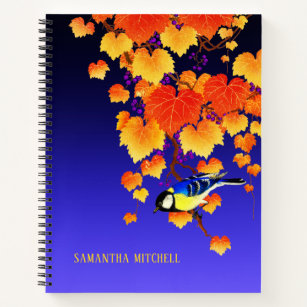Fall Grape Vine Great Tit Bird Orange Leaves Blue Notebook