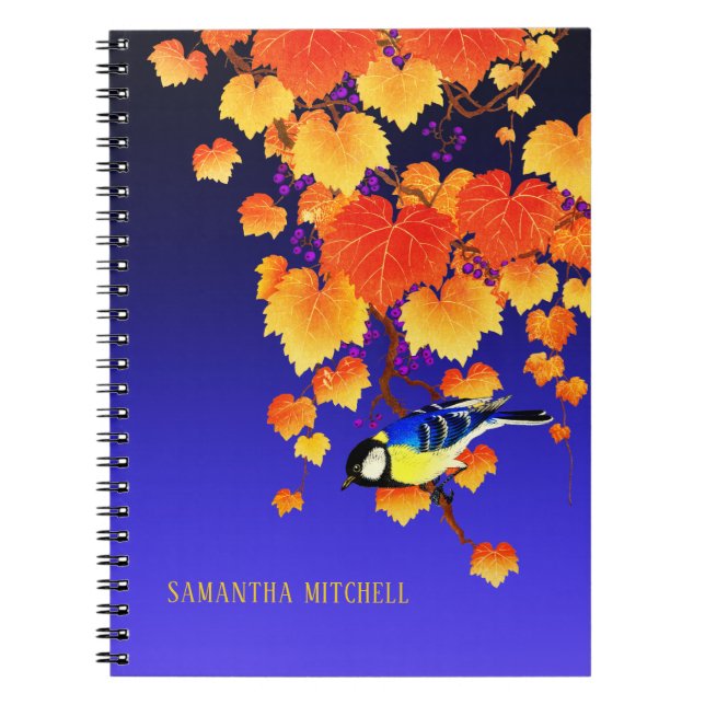Fall Grape Vine Great Tit Bird Orange Leaves Blue Notebook (Front)