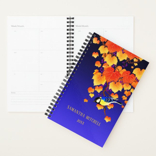 Fall Grape Vine Great Tit Bird Orange Leaves Blue Planner (Display)