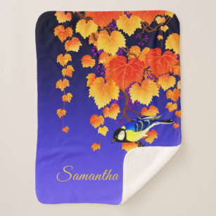 Fall Grape Vine Great Tit Bird Orange Leaves Blue Sherpa Blanket