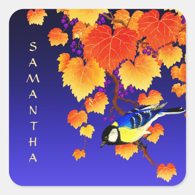 Fall Grape Vine Great Tit Bird Orange Leaves Blue Square Sticker (Front)