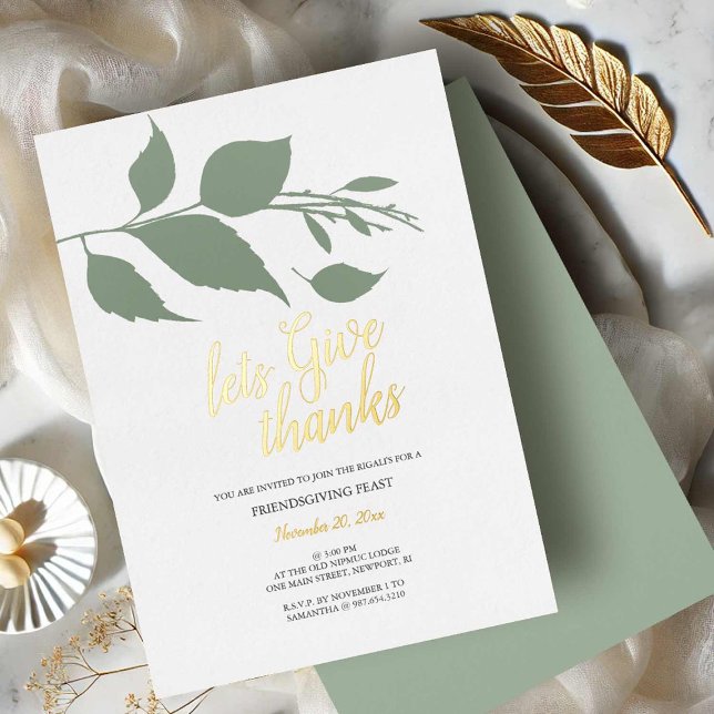 Fall Green and White Friends Giving (Thanksgiving invitations gold foil and sage green leaves by Victoria Grigaliunas Do Tell A Belle)