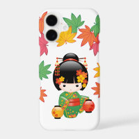 Fall Green Kimono Kokeshi Doll Maple Leaves