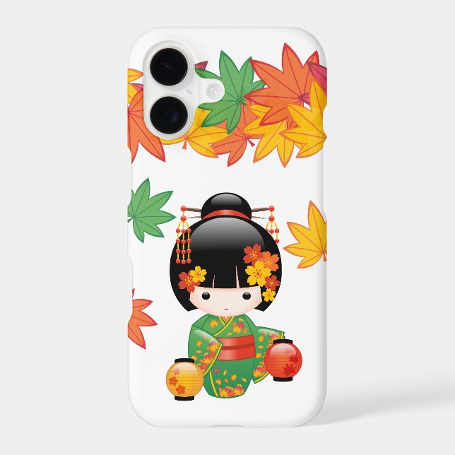 Fall Green Kimono Kokeshi Doll Maple Leaves (Back)