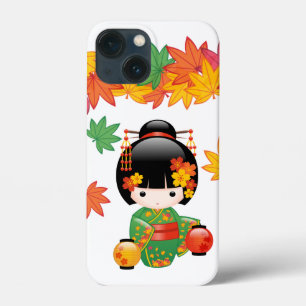 Fall Green Kimono Kokeshi Doll Maple Leaves iPhone 13 Mini Case