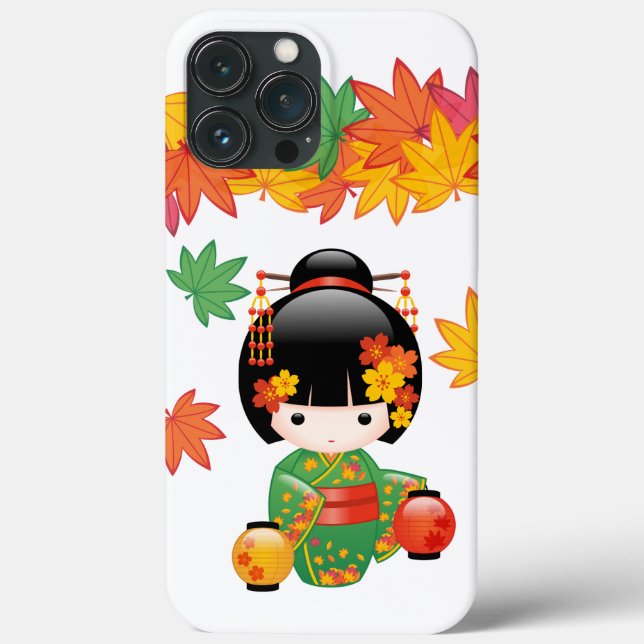 Fall Green Kimono Kokeshi Doll Maple Leaves Case-Mate iPhone Case (Back)