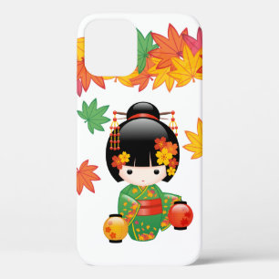 Fall Green Kimono Kokeshi Doll Maple Leaves iPhone 12 Pro Case