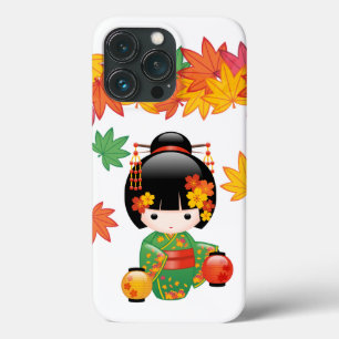 Fall Green Kimono Kokeshi Doll Maple Leaves iPhone 13 Pro Case