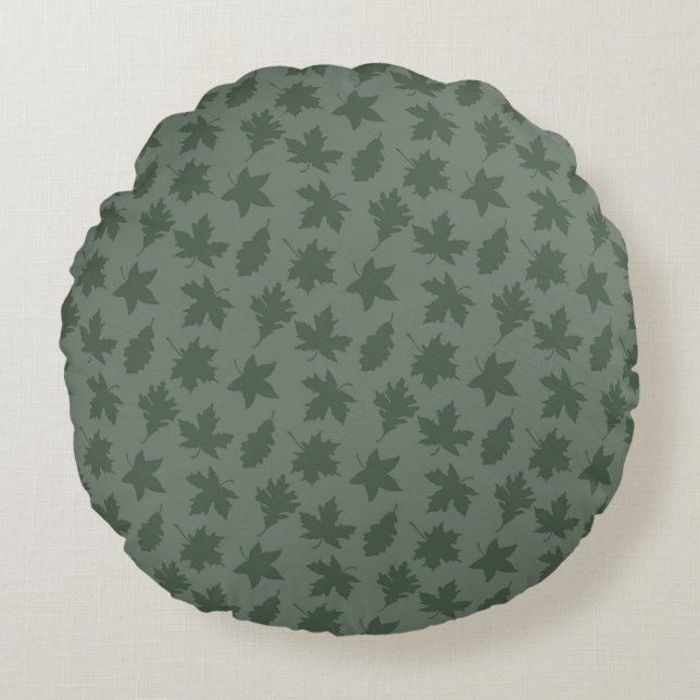 FALL GREEN LEAVES & GREEN & PINK PLAID PATTERNS ROUND CUSHION (Front)