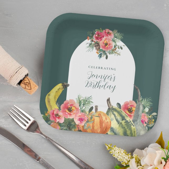 Fall Green Pumpkins Pink Floral Birthday Party Paper Plate (Creator Uploaded)