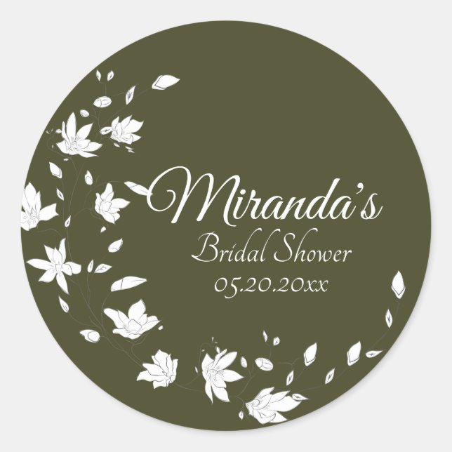 Fall Green & White Bridal Shower Classic Round Sticker (Front)