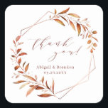 Fall Greenery Geometric Thank You Rustic Wedding Square Sticker<br><div class="desc">Rustic watercolor fall botanical foliage greenery design with faux copper foil leaves and geometric frame,  and trendy thank you script,  simple and elegant,  great for fall rustic wedding,  winter botanical garden wedding. 
See all the matching pieces in collection</div>