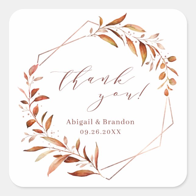 Fall Greenery Geometric Thank You Rustic Wedding Square Sticker (Front)