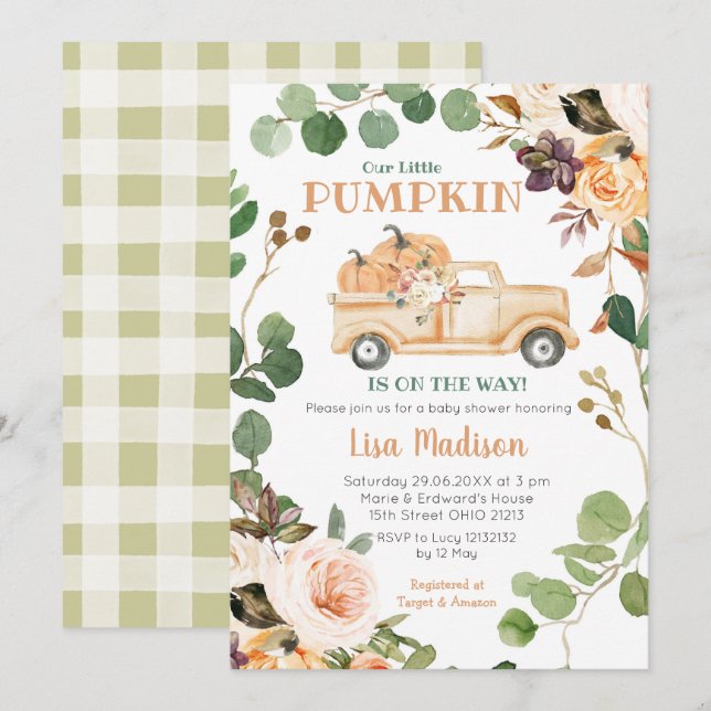 Fall Greenery Peach Pumpkin Truck Baby Shower Invitation (Front/Back)