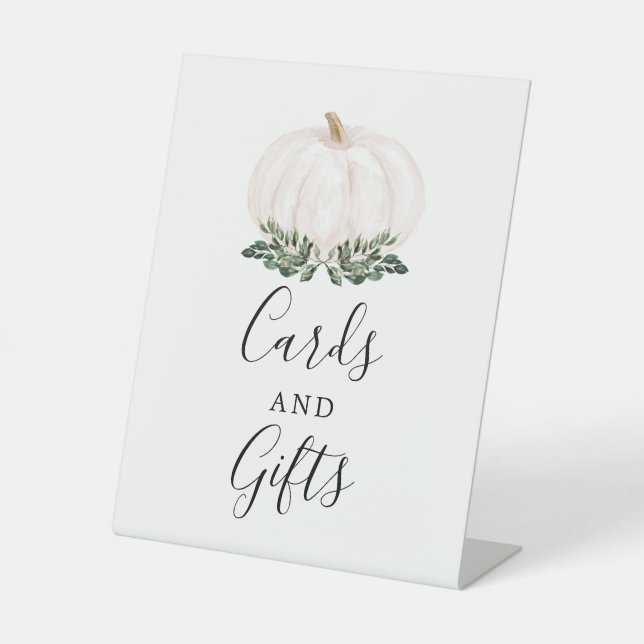 Fall Greenery White Pumpkin Cards and Gifts Pedestal Sign (Front)