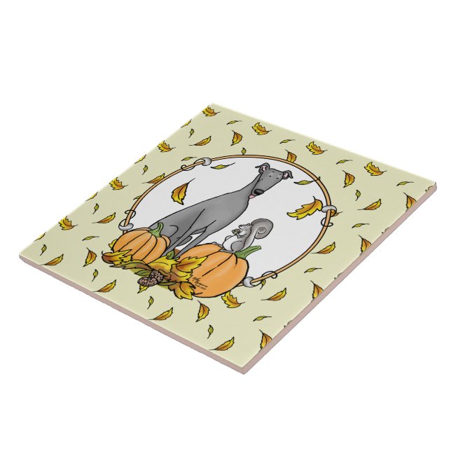 Fall Greyhound (grey) Dog Pumpkins Leaves Funny Ceramic Tile (Side)