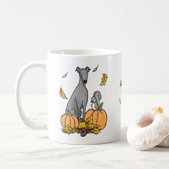 Fall Greyhound (grey) Dog Pumpkins Leaves Funny Coffee Mug (With Donut)