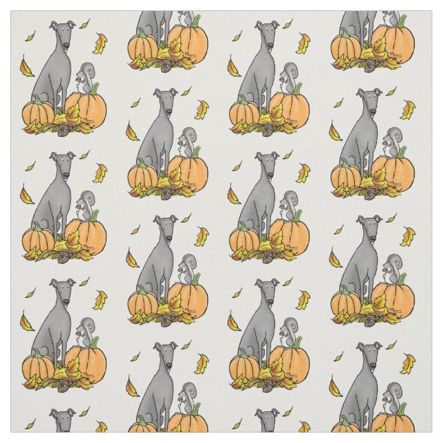 Fall Greyhound (grey) Dog Pumpkins Leaves Funny Fabric (Swatch)