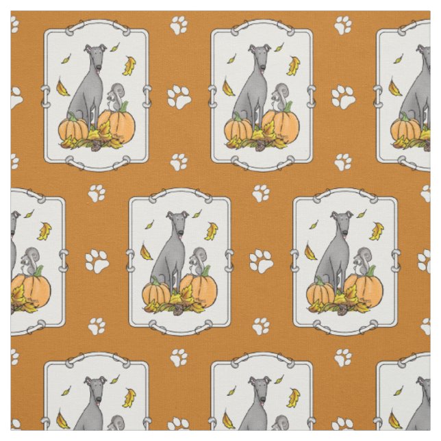 Fall Greyhound (grey) Dog Pumpkins Leaves Funny Fabric (Swatch)