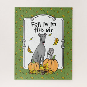 Fall Greyhound (grey) Dog Pumpkins Leaves Funny Jigsaw Puzzle
