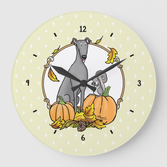 Fall Greyhound (grey) Dog Pumpkins Leaves Funny Large Clock (Front)