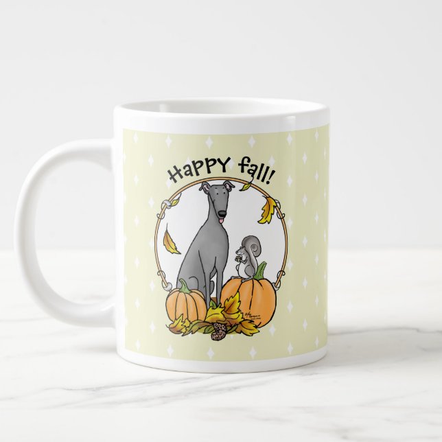 Fall Greyhound (grey) Dog Pumpkins Leaves Funny Large Coffee Mug (Left)