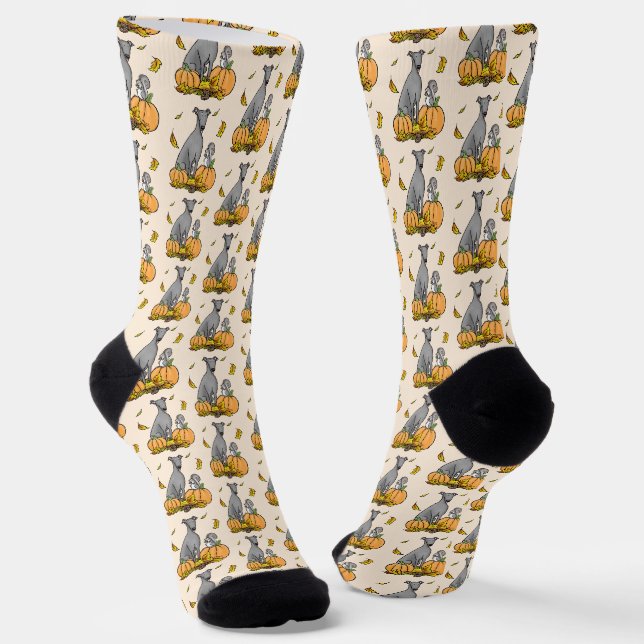 Fall Greyhound (grey) Dog Pumpkins Leaves Funny Socks (Angled)