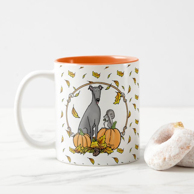 Fall Greyhound (grey) Dog Pumpkins Leaves Funny Two-Tone Coffee Mug (With Donut)