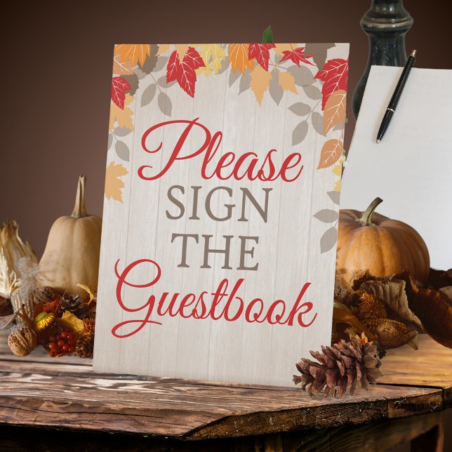Fall Guestbook Wedding or Bridal Shower Pedestal Sign (Fall Guestbook Standing Pedestal Sign for Wedding or Bridal Showers. Fall leaves on washed wood)