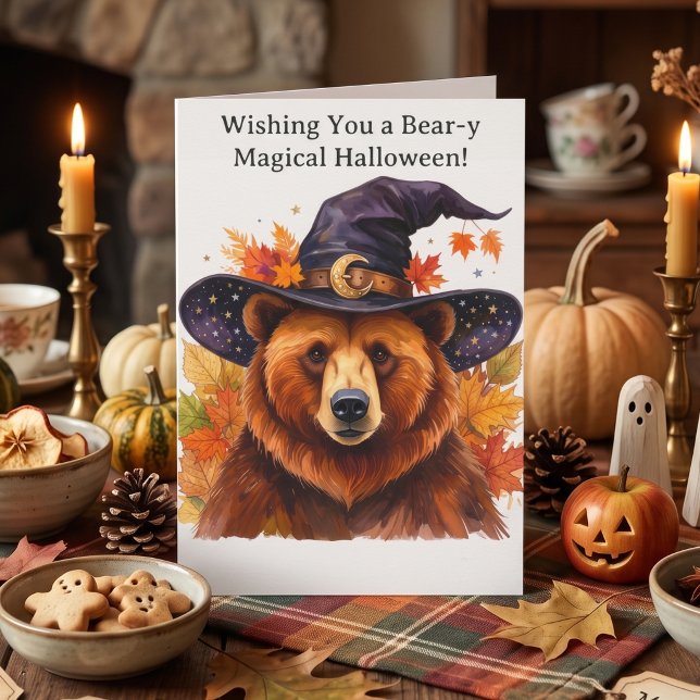Fall Halloween Bear | Witch Spooky Autumn Greeting Card (Cottagecore Halloween Greeting card. Brown Bear witch wizard spooky season illustration. Autumn Fall)