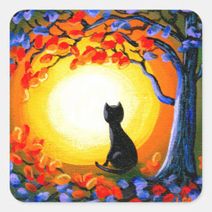 Fall Halloween Black Cat Art Creationarts Square Sticker