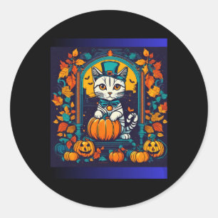 Fall Halloween Cute White And Black Cat Fall Scene Classic Round Sticker